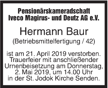 Traueranzeige von Hermann Baur von SÜDWEST PRESSE Ausgabe Ulm/Neu-Ulm