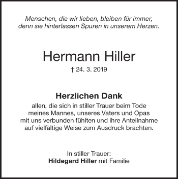 Traueranzeige von Hermann Hiller von SÜDWEST PRESSE