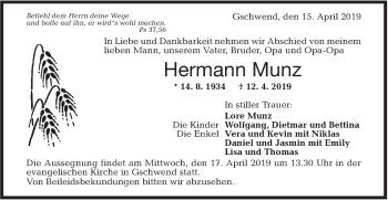 Traueranzeige von Hermann Munz von Rundschau Gaildorf