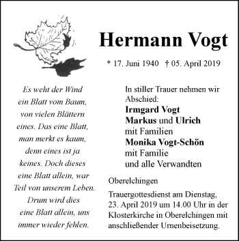 Traueranzeige von Hermann Vogt von SÜDWEST PRESSE Ausgabe Ulm/Neu-Ulm