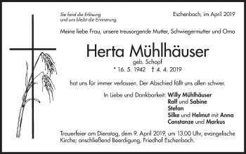 Traueranzeige von Herta Mühlhäuser von NWZ Neue Württembergische Zeitung