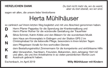 Traueranzeige von Herta Mühlhäuser von NWZ Neue Württembergische Zeitung