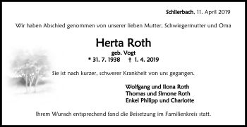 Traueranzeige von Herta Roth von NWZ Neue Württembergische Zeitung