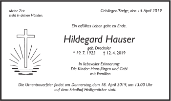 Traueranzeige von Hildegard Hauser von Geislinger Zeitung