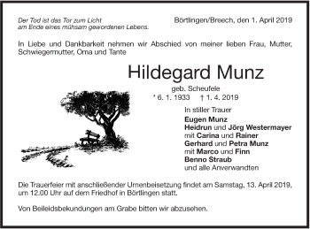 Traueranzeige von Hildegard Munz von NWZ Neue Württembergische Zeitung