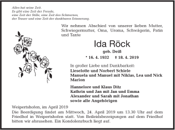 Traueranzeige von Ida Röck von Hohenloher Tagblatt