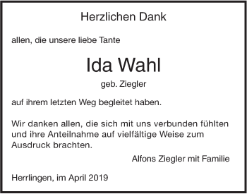 Traueranzeige von Ida Wahl von SÜDWEST PRESSE Ausgabe Ulm/Neu-Ulm