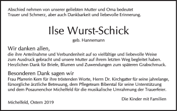 Traueranzeige von Ilse Wurst-Schick von Haller Tagblatt