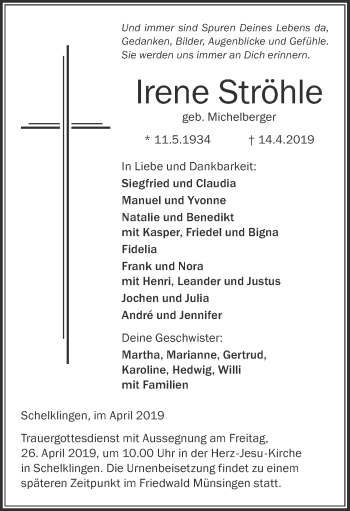 Traueranzeige von Irene Strähle von Ehinger Tagblatt