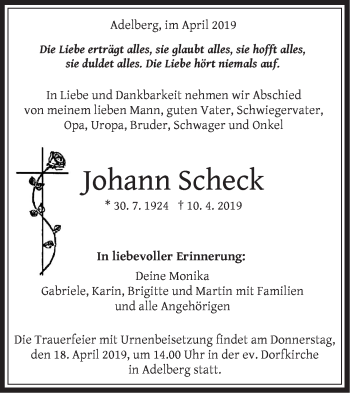 Traueranzeige von Johann Scheck von NWZ Neue Württembergische Zeitung