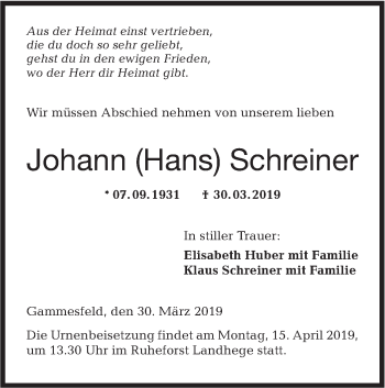 Traueranzeige von Johann Schreiner von Hohenloher Tagblatt