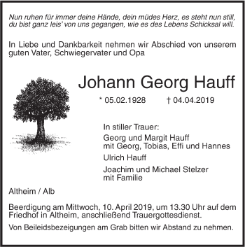 Traueranzeige von Johann Georg Hauff von SÜDWEST PRESSE Ausgabe Ulm/Neu-Ulm