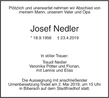 Traueranzeige von Josef Nedler von SÜDWEST PRESSE Ausgabe Ulm/Neu-Ulm