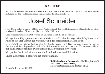 Traueranzeige von Josef Schneider von Hohenloher Tagblatt