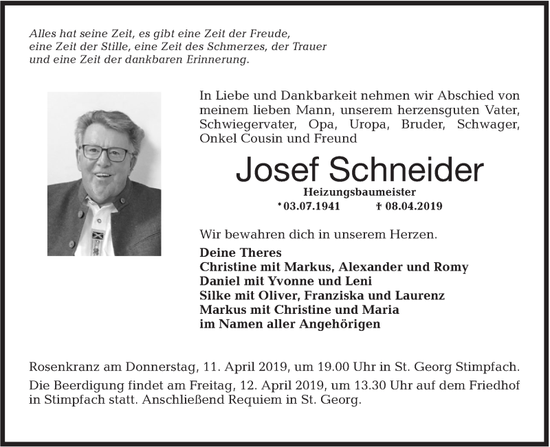  Traueranzeige für Josef Schneider vom 10.04.2019 aus Hohenloher Tagblatt