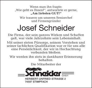 Traueranzeige von Josef Schneider von Hohenloher Tagblatt