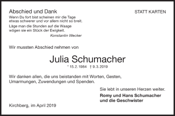 Traueranzeige von Julia Schumacher von Hohenloher Tagblatt