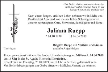 Traueranzeige von Juliana Ruepp von Illertal Bote