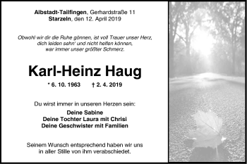 Traueranzeige von Karl-Heinz Haug von Hohenzollerische Zeitung