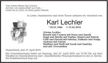 Traueranzeige von Karl Lechler von Hohenloher Tagblatt