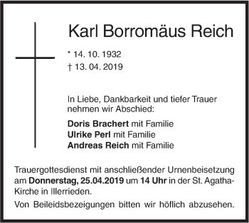 Traueranzeige von Karl Borromäus Reich von SÜDWEST PRESSE Ausgabe Ulm/Neu-Ulm