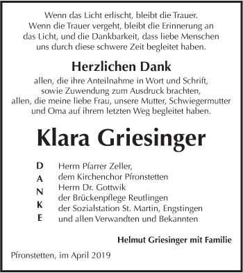 Traueranzeige von Klara Griesinger von Alb-Bote/Metzinger-Uracher Volksblatt