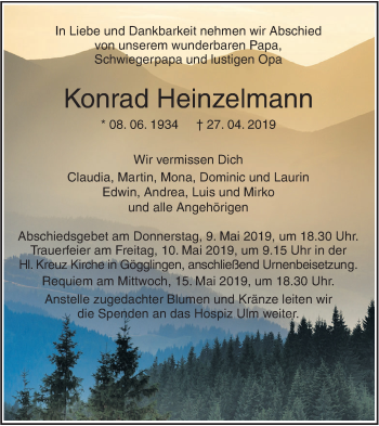 Traueranzeige von Konrad Heinzelmann von SÜDWEST PRESSE Ausgabe Ulm/Neu-Ulm