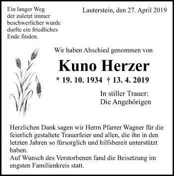 Traueranzeige von Kuno Herzer von NWZ Neue Württembergische Zeitung