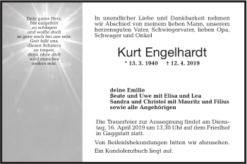 Traueranzeige von Kurt Engelhardt von Hohenloher Tagblatt