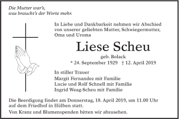 Traueranzeige von Liese Scheu von Alb-Bote/Metzinger-Uracher Volksblatt