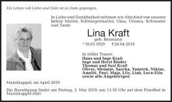 Traueranzeige von Lina Kraft von Hohenloher Tagblatt