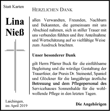 Traueranzeige von Lina Nieß von SÜDWEST PRESSE Ausgabe Ulm/Neu-Ulm