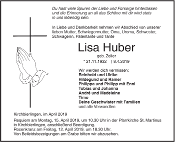 Traueranzeige von Lisa Huber von Ehinger Tagblatt