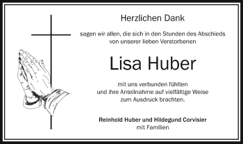 Traueranzeige von Lisa Huber von Ehinger Tagblatt