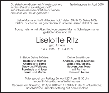 Traueranzeige von Liselotte Ritz von Geislinger Zeitung