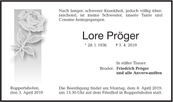 Traueranzeige von Lore Pröger von Hohenloher Tagblatt