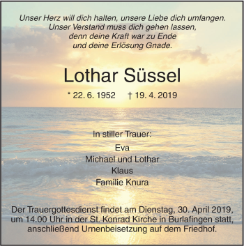 Traueranzeige von Lothar Süssel von SÜDWEST PRESSE Ausgabe Ulm/Neu-Ulm