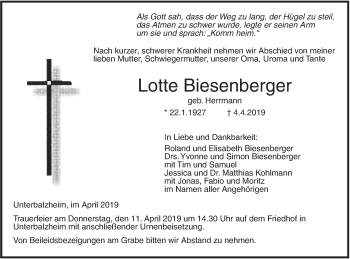 Traueranzeige von Lotte Biesenberger von Illertal Bote