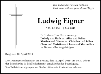 Traueranzeige von Ludwig Eigner von SÜDWEST PRESSE Ausgabe Ulm/Neu-Ulm