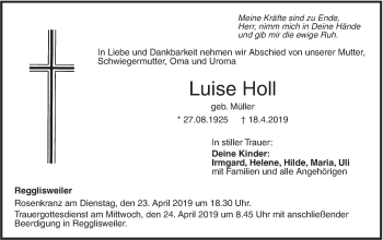 Traueranzeige von Luise Holl von Illertal Bote