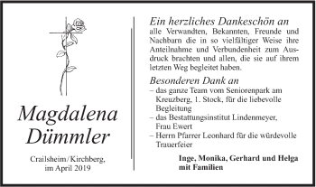 Traueranzeige von Magdalena Dümmler von Hohenloher Tagblatt