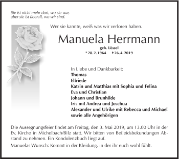 Traueranzeige von Manuela Herrmann von Haller Tagblatt