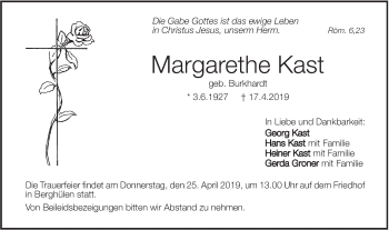 Traueranzeige von Margarethe Kast von SÜDWEST PRESSE Ausgabe Ulm/Neu-Ulm