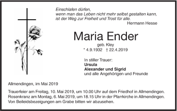 Traueranzeige von Maria Ender von Ehinger Tagblatt