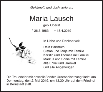 Traueranzeige von Maria Lausch von SÜDWEST PRESSE Ausgabe Ulm/Neu-Ulm