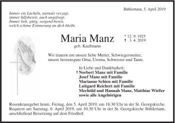 Traueranzeige von Maria Manz von Haller Tagblatt