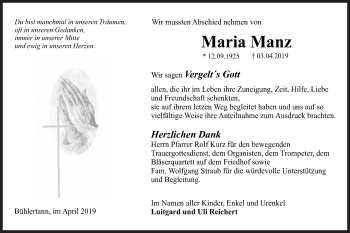 Traueranzeige von Maria Manz von Haller Tagblatt