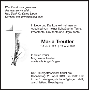 Traueranzeige von Maria Treutler von Alb-Bote/Metzinger-Uracher Volksblatt