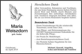 Traueranzeige von Maria Weiszdorn von Hohenloher Tagblatt