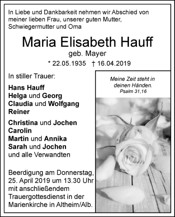 Traueranzeige von Maria Elisabeth Hauff von SÜDWEST PRESSE Ausgabe Ulm/Neu-Ulm